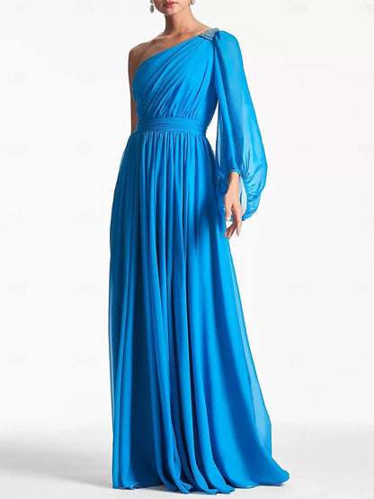 A-Line One-Shoulder Floor-Length Long Sleeves Backless Pleated Evening Dress