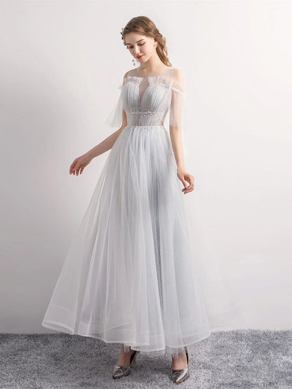 Gray A-Line Formal Evening Dress Tulle Sequin Long Prom Dress