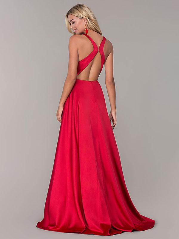 A-Line V-Neck Sleeveless Split Front Formal Evening Dresses Wedding Guest Dresse