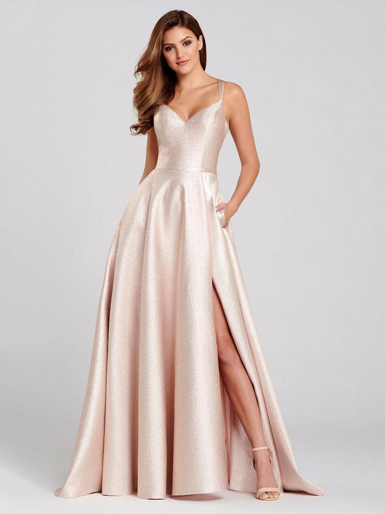 V-Neck Satin A-Line Sleeveless Backless Split Front Champagne Evening Dress Wedding Guest Dresses