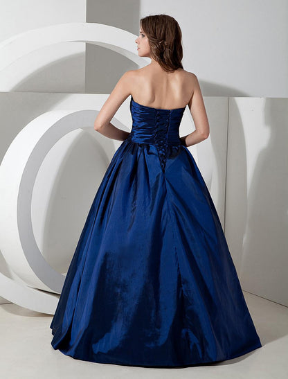 Royal Blue Taffeta Evening Dress Floor Length Strapless A Line Pleated Prom Dress Ballgown