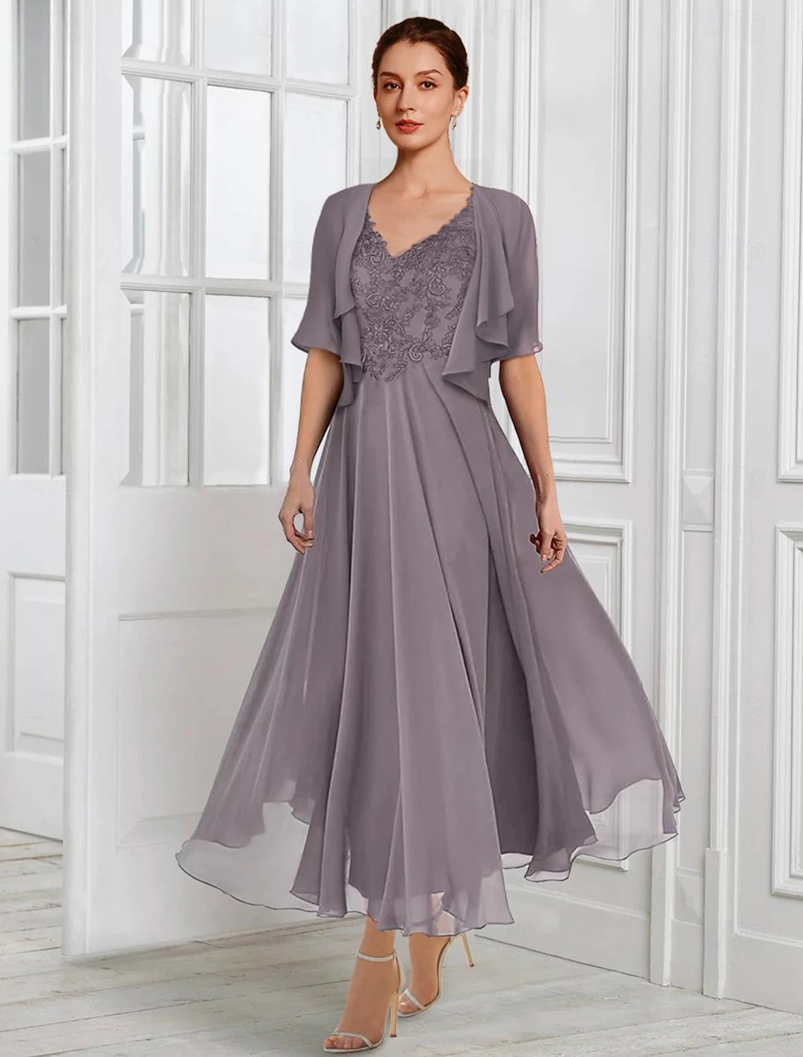 A-Line Mother of the Bride Dress Wedding Guest Elegant V Neck Tea Length Chiffon Lace Jacket Dresses with Pleats Appliques