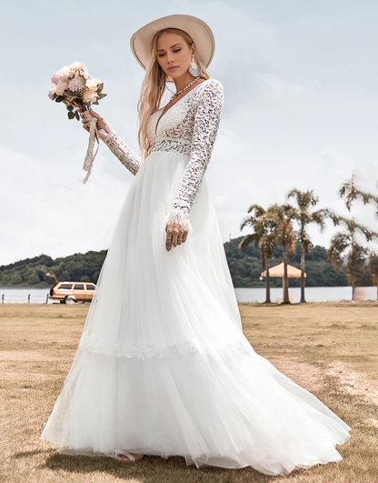 Simple Lace Long Sleeves Deep V-neck Boho Wedding Dress with Backless