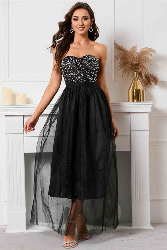 Sequin Tulle Sweetheart Black Dress Long Evening Dress