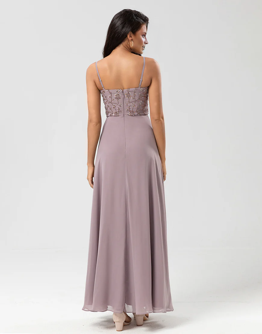 A Line Spaghetti Straps Long Bridesmaid Dress with Beaded