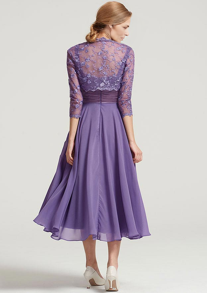 A-line Tea-Length Chiffon Mother of the Bride Dress With Jacket Lace Pleated