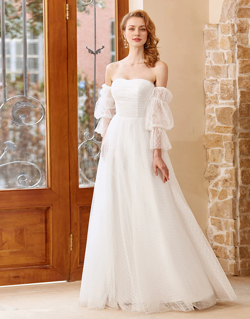 A Line Off the Shoulder White Wedding Dress with Long Sleeves