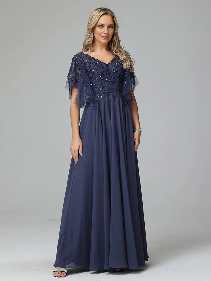 Chiffon V Neck Lace Appliques Mother of the Bride Dress