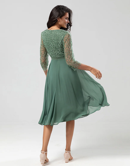 A Line V-Neck Chiffon Bridesmaid Dress with Long Sleeves