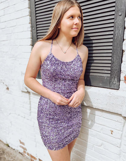 Purple Sparkling Sequin Bodycon Backless Spaghetti Strap Homecoming Dress