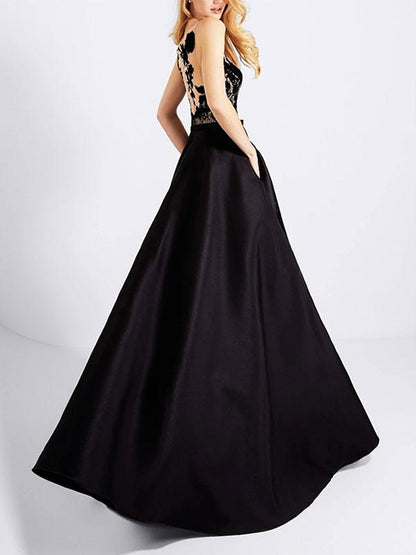 A-Line Jewel Neck Satin Fabric Lace Social Party Dresses Evening Dresses