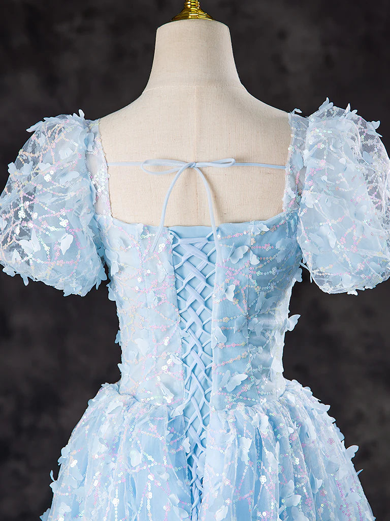 A-Line Puff Sleeves Tulle Lace Blue Short 3D Butterfly Prom Dress Homecoming Dress