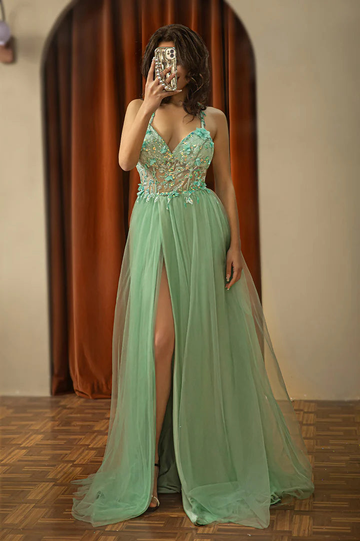 A-Line Princess Tulle Backless Beaded Slit Prom Dress With Appliques