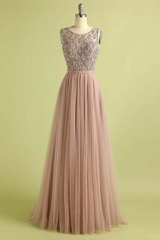 A-Line Princess Tulle Beading Prom Dress Evening Dress