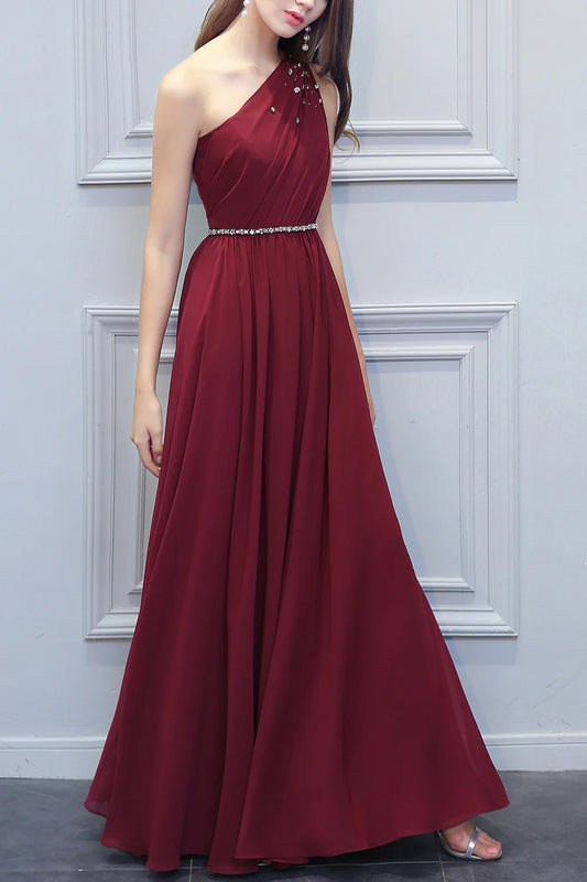 One Shoulder Long Chiffon Evening Dress Bridesmaid Dress With Beading