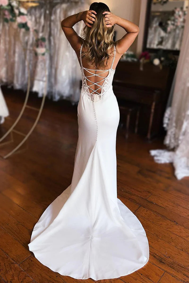 White Lace-Up Back Lace Wedding Dress with Slit