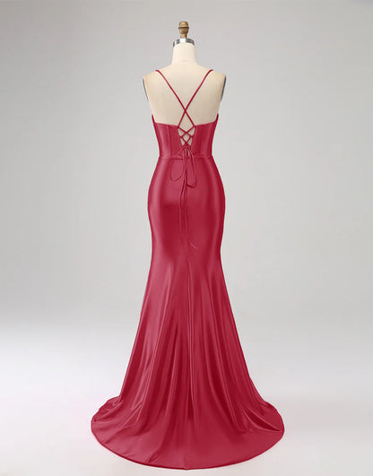 Burgundy Satin Long Sheath Spaghetti Strap Prom Dress with Split