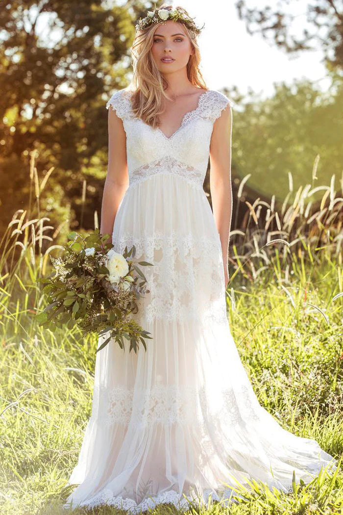 Ivory V-Neck Long Dress Lace Tulle Wedding Dress