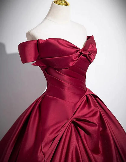 Wine Red Satin Off Shoulder Floor Length Ruched Long Prom Dress Evening Dresses