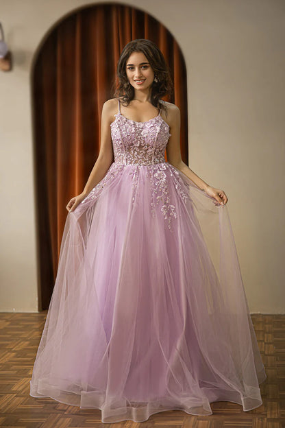 A-Line Princess Lilac Senior Long Tulle Prom Dress With Appliques