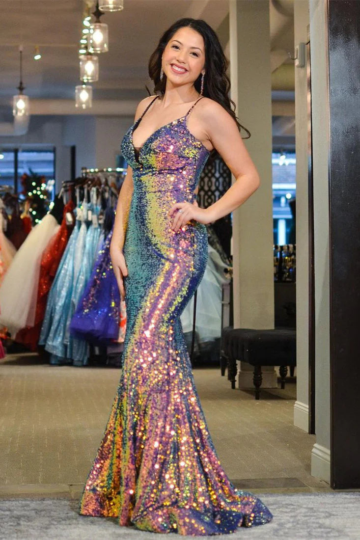 Sequins/Sparkling Spaghetti Strap With Lace Up Back Mermaid Prom Dress