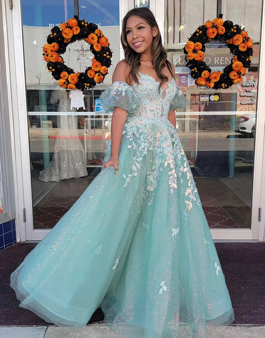 Mint A-Line Princess Tulle Prom Dress With Appliques