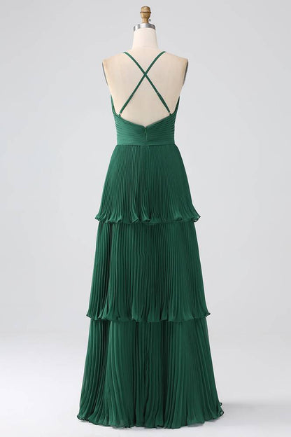 V-Neck Emerald Green Empire Pleated Floor-length Tiered Maxi Dress