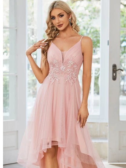 Floral Embroidered Waist High-Low Prom Dress Homecoming Dress