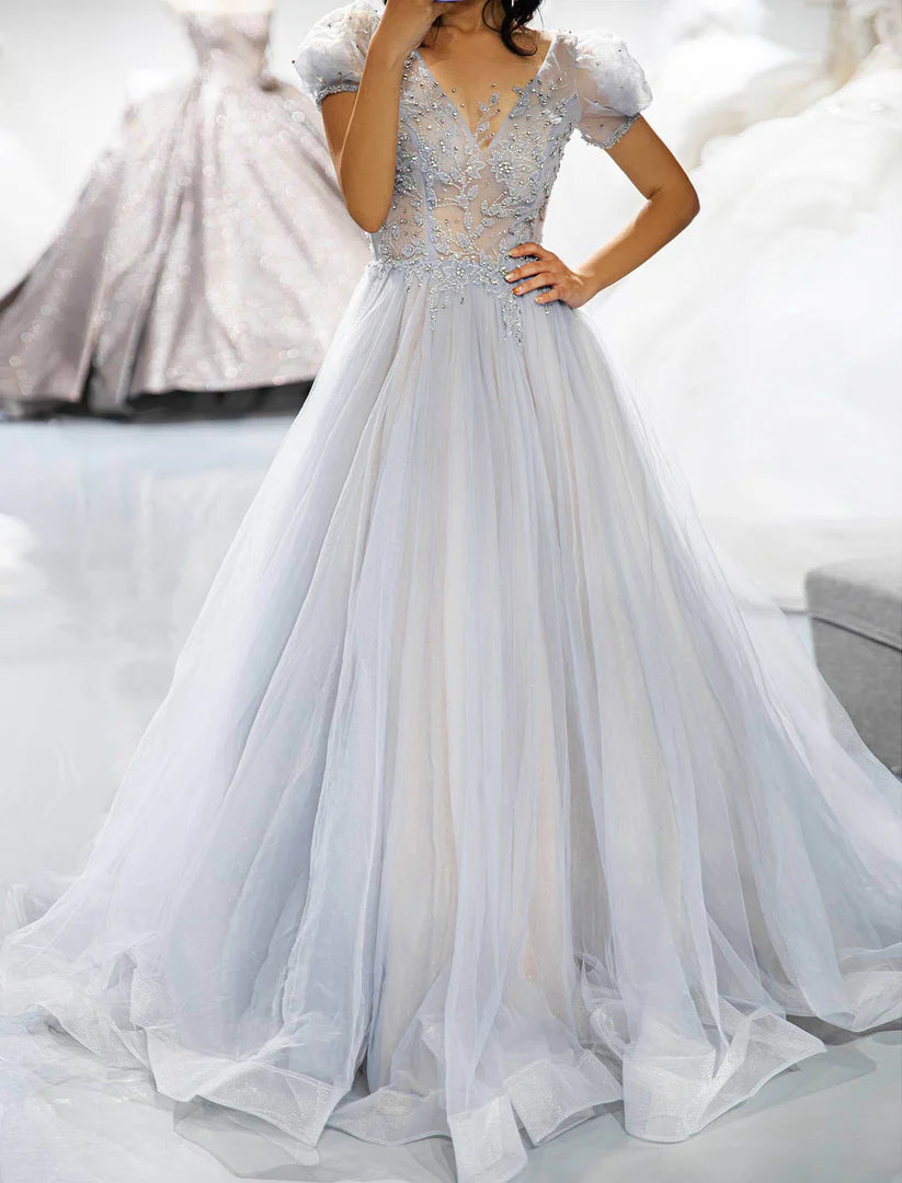 A-Line Princess 3D Beaded V-Neck Tulle Prom Dress With Sleeves