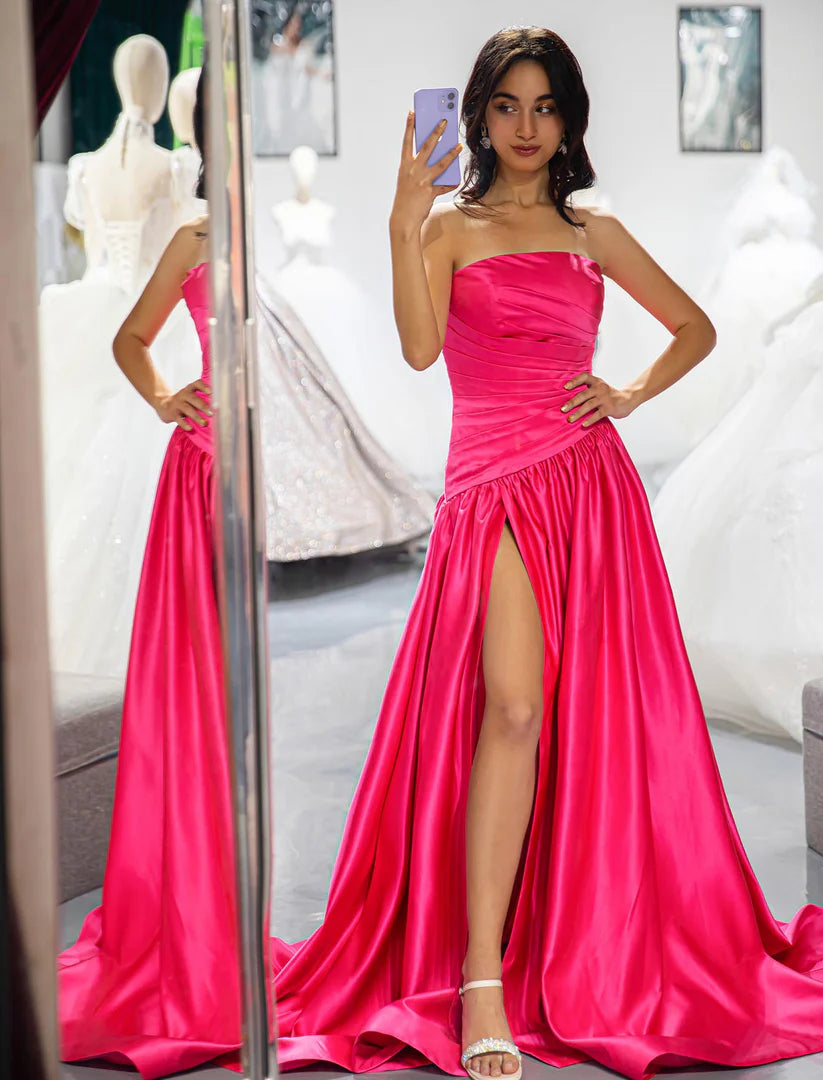 A-Line Strapless Pink High Slit Satin Prom Dress Ballgown Sweep/Brush Train Dresses