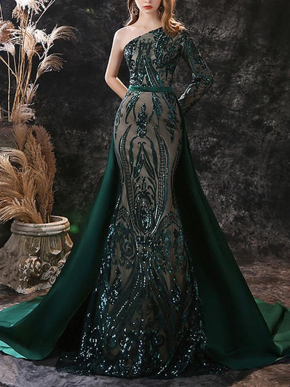 Mermaid One-Shoulder Long Sleeves Zipper Lace Formal Dinner Prom Party Dresses Evening Dresses