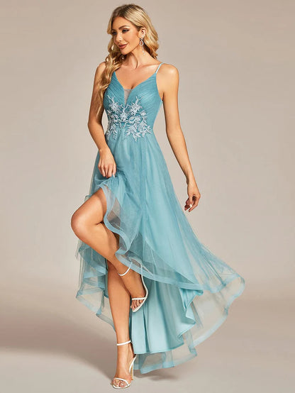 Floral Embroidered Waist High-Low Prom Dress Homecoming Dress