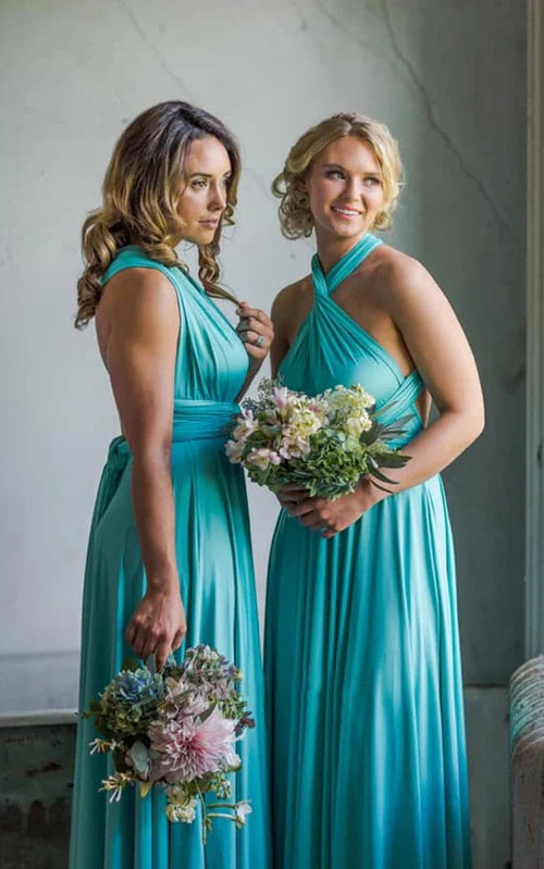 A Line Halter Neck Jersey Bridesmaid Dress With Half Sleeves