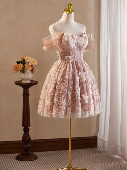 A-Line Off Shoulder Tulle Lace Pink Homecoming Dress