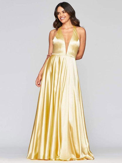 A-Line V-Neck Satin Halter Sleeveless Evening Dresses Long Wedding Guest Dresses