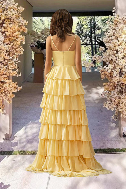 A-Line Princess Ruffle Tiered Slit Yellow Floor-length Prom Dress