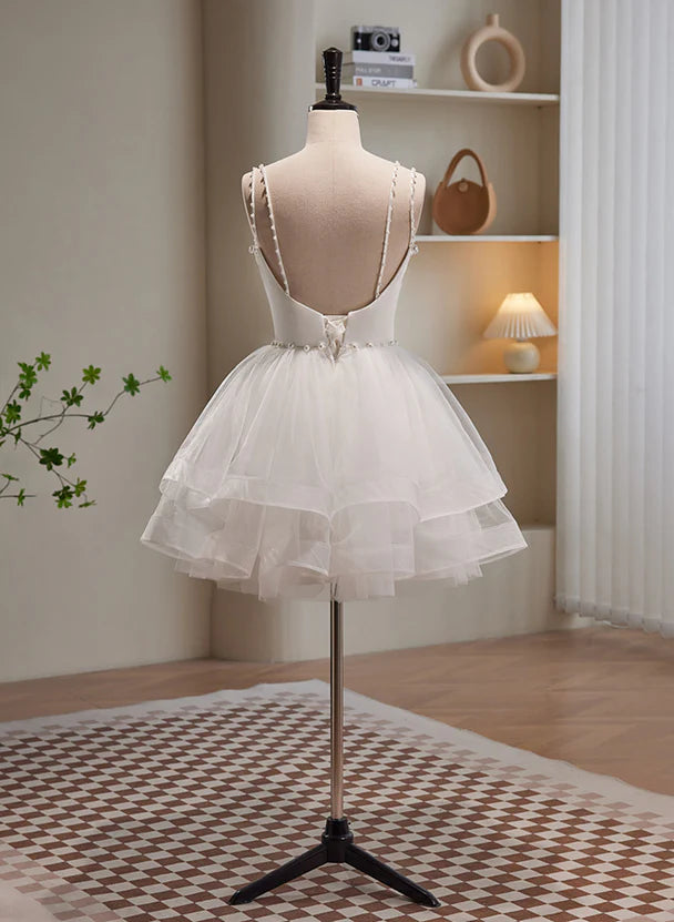 Cute White Short Tulle Beaded Graduation Dress Prom Dress Formal Dress