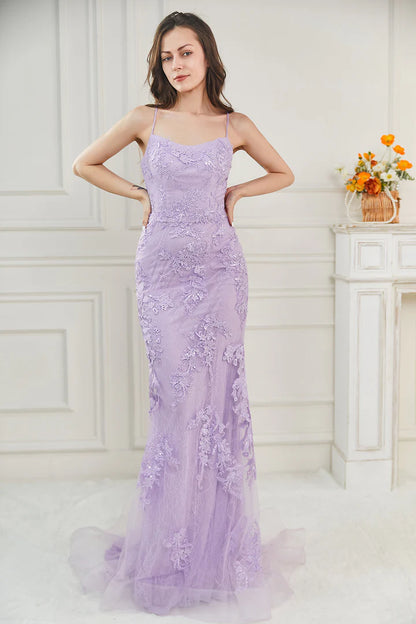 Long Mermaid Corset Prom Dress Lilac Spaghetti Strap Lace Dress