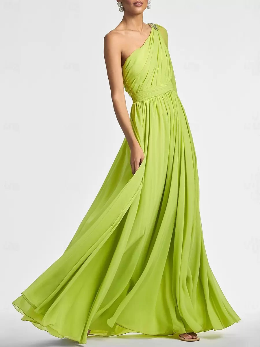 A-Line One-Shoulder Floor-Length Long Sleeves Backless Pleated Evening Dress