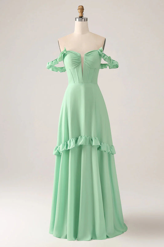 Green A-line Off Shoulder Chiffon Corset Long Bridesmaid Dress