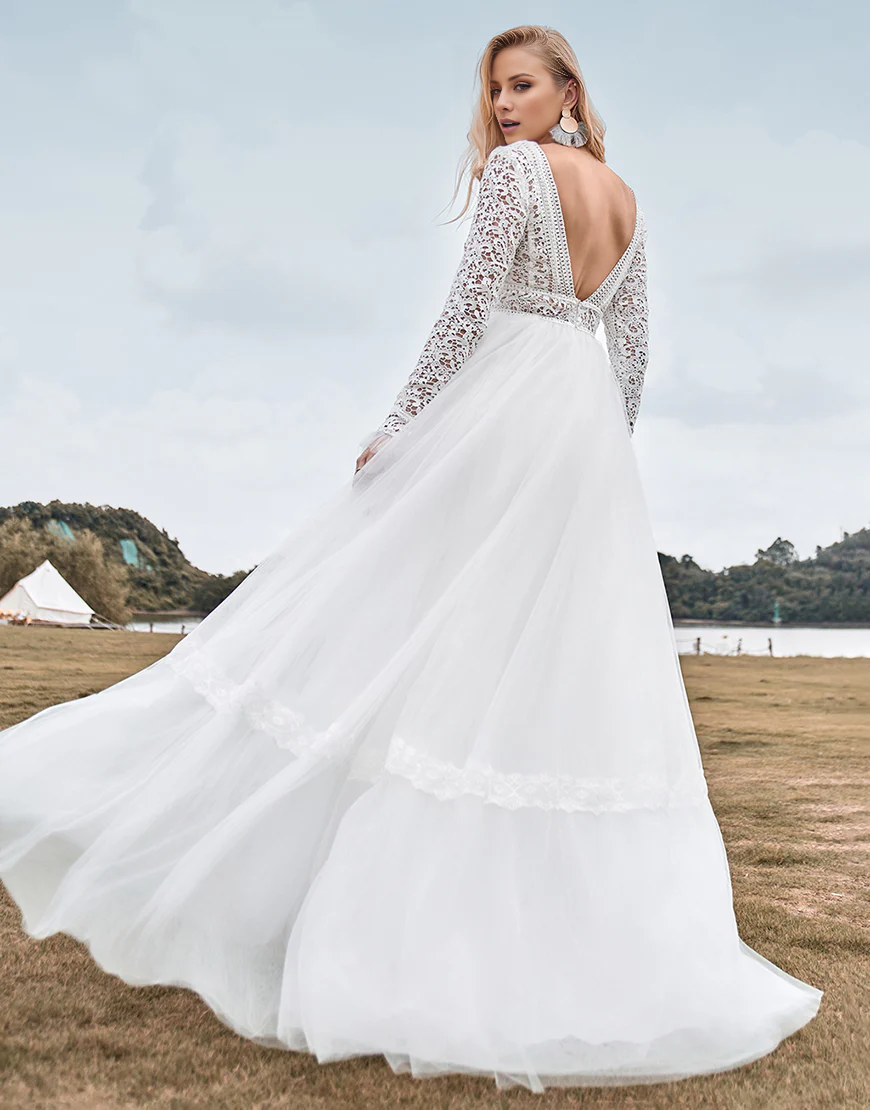 Simple Lace Long Sleeves Deep V-neck Boho Wedding Dress with Backless