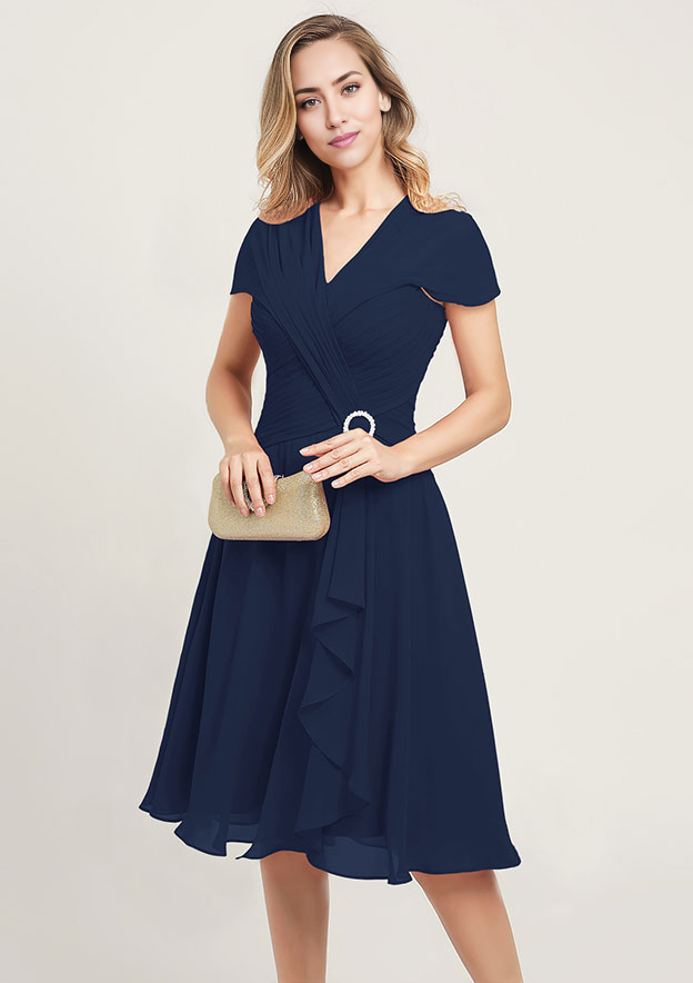 Chiffon Mother of the Bride Dress V Neck Short Sleeve With Sequins Beading Ruffles