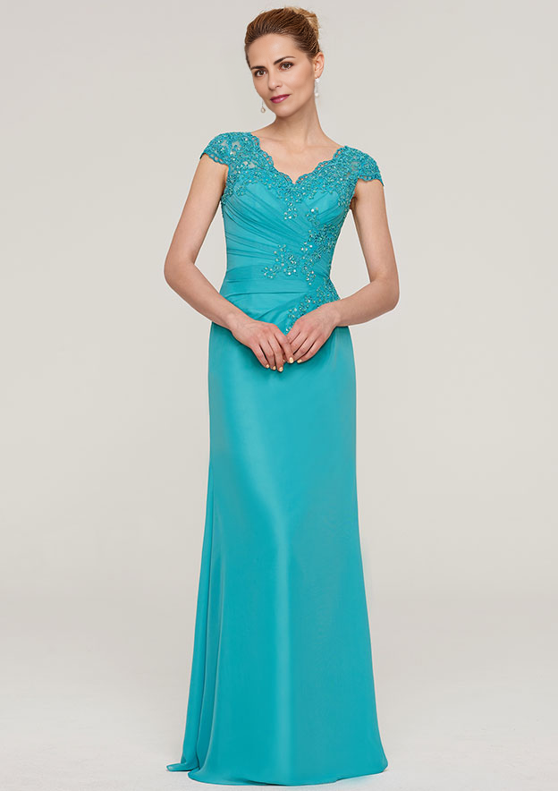 V Neck Sleeveless Chiffon Mother of the Bride Dress With Pleated Appliqued Beading