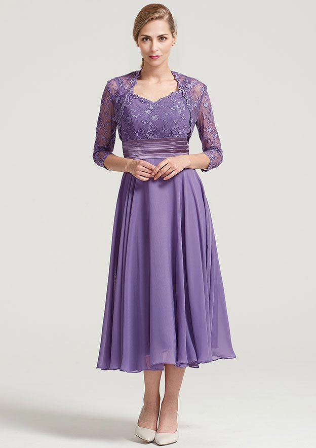 A-line Tea-Length Chiffon Mother of the Bride Dress With Jacket Lace Pleated