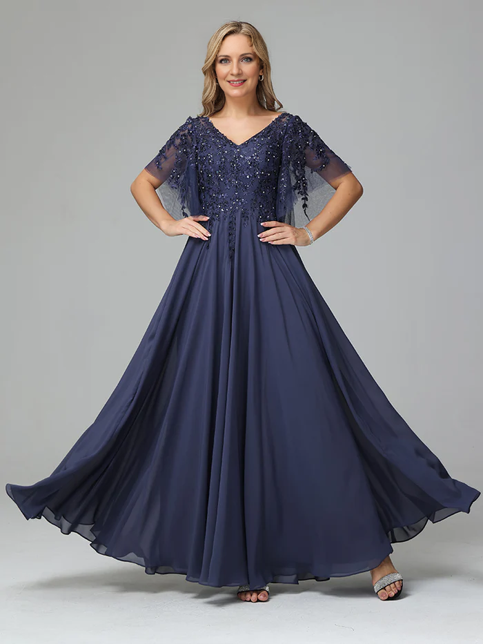 Chiffon V Neck Lace Appliques Mother of the Bride Dress