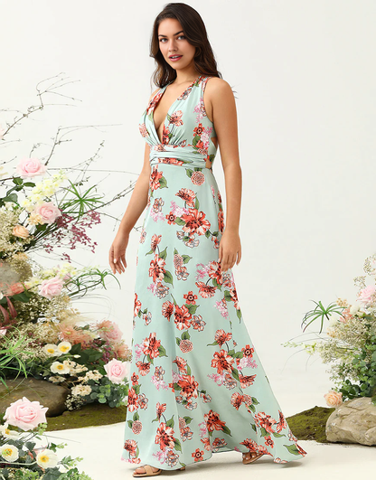 Green Halter Deep V Sleeveless A Line Bridesmaid Dress