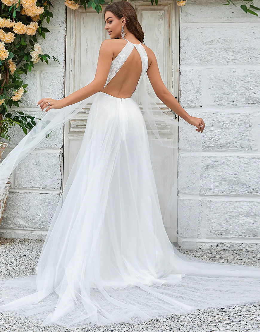 Ivory Open Back Halterneck Tulle Sweep Train Wedding Dress with Lace