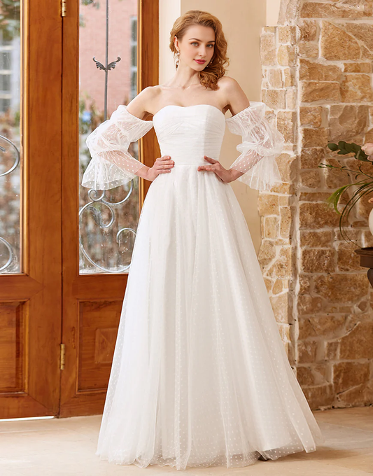 A Line Off the Shoulder White Wedding Dress with Long Sleeves