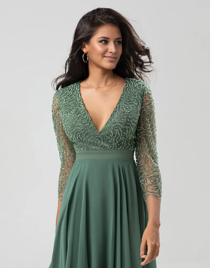 A Line V-Neck Chiffon Bridesmaid Dress with Long Sleeves