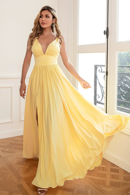 A Line V Neck Yellow Long Prom Dress Wedding Guest Dresses with Split Front